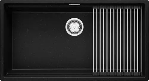 PRIMAGRAN Unterbauspüle Granit Schwarz Metallic 86x47cm, Spülbecken 1 Becken + Zuberhor-Set, Granitspüle ab 90er Unterschrank - Praga S335