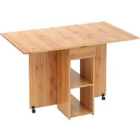 COSTWAY Klappbarer Esstisch mit 2 Rädern, Klapptisch für kleine Räume, vergrößerbarer Bürotisch mit 2-stufiger Ablagefläche und Schublade - Naturbelassen
