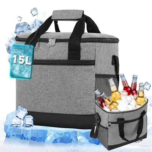 Kühltasche Wählbare Kapazität 15L, Thermotasche Picknicktasche Groß Isolierte Lunchtasche,Kühltasche Klein, Tragbare Cooler Bag Einkaufstasche für Strand/Picknick/Camping (Grau)