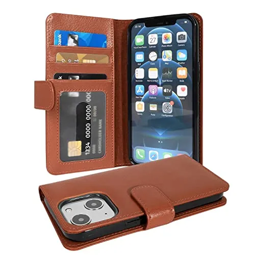 Cadorabo Hülle kompatibel mit Apple iPhone 13 MINI aus Premium Kunst Leder Flip Klappbare Stoßfeste Magnetische [Standfunktion] [Kartenfächern] Cover Hülle für iPhone 13 MINI Tasche in Braun