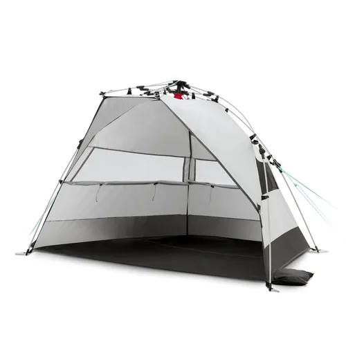 qeedo Quick Bay Strandmuschel - Pop Up Sonnenschutz in Sandgrey - Strandmuschel mit Mesh-Einsatz und Organizer-Taschen, schnell aufzubauen, UV-beständig und windgeschützt, ideal für entspannte Tage am Strand.