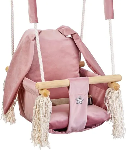 Love Gifts® Babyschaukel aus Holz hochwertig und geeignet als Indoor Schaukel, montierbar an der Decke sowie im Türrahmen, Hase-Rose EU