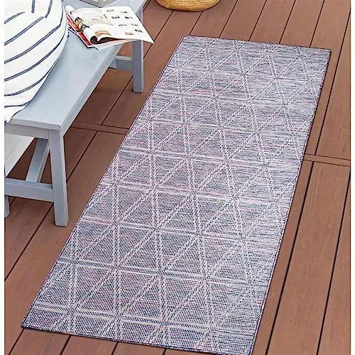 carpet city Outdoor Teppich Terrasse Wetterfest - 80x150 cm - Balkonteppich Blau-Pink - Geometrisches Muster - In-& Outdoor Teppiche für Veranda, Garten, Küche, Bad oder Wohnzimmer