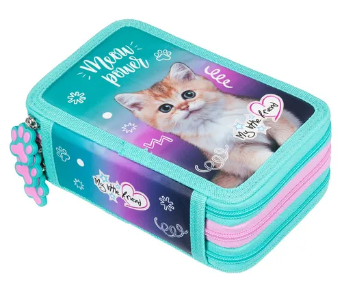 Goldkids Federmäppchen 3 Fächer - Katze Motiv - Praktisches Federmäppchen mit 44-teiligem Zubehör für Jungen und Mädchen, ausgestattet mit robusten Reißverschlüssen für sicheren Inhalt und idealer Organisation von Schulmaterialien.