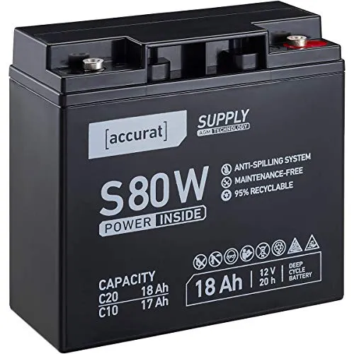 Accurat AGM Batterie S80w - 12V, 18Ah, zyklenfest, wartungsfrei - VRLA Versorgungsbatterie, Blei Akku, Solarbatterie, Bootsbatterie für Wohnmobil, Wohnwagen, Camper, Bootsbatterie