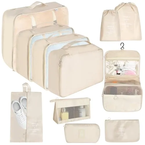 11-Teilige Koffer Organizer Set, Packing Cubes Compression, Packing Cubes Kleidertaschen, Kofferorganizer Packtaschen Set Kosmetiktasche, Schuhbeutel, für Organizer Koffer Urlaub (Beige)