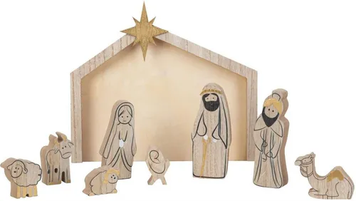 Geschenkestadl Krippe 9-tlg Holz Krippenset – handgefertigte Krippe und Figuren in Natur (9-tlg)