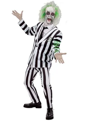Smiffys Kostüm Beetlejuice - Halloween Kostüm Herren - Kostüm im 80er Jahre Stil mit schwarz-weiß gestreiftem Jackett und Anzughose, ideal für Halloween-Partys und Karneval. Werde zum verrückten Geist!