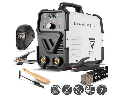 STAHLWERK ARC 200 Puls Pro Schweißgerät - Vielseitiges MMA/E-Hand Schweißgerät mit Pulsfunktion für präzise Schweißnähte und IGBT Technologie. Ideal für Werkstatt, Baustelle oder Outdoor-Arbeiten. 7 Jahre Garantie auf hohe Qualität!