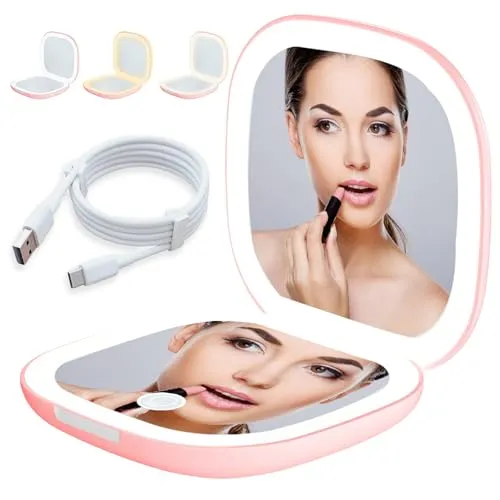 LED Taschenspiegel mit 1X/10X Vergrößerung, Kosmetikspiegel Vergrößerungsspiegel mit Licht Reisespiegel mit Dimmable und 2-Seitiger LED-Licht Handspiegel Klappbar, Geschenke für Mädchen,Rosa