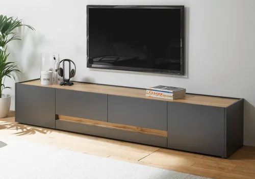 Furn.Design Lowboard Center - TV Unterschrank in Grau mit Eiche (220 cm) - TV-Halterungen mit viel Stauraum und Pflegeleichtigkeit, ideal für ein modernes Wohnambiente. Hergestellt aus FSC®-zertifiziertem Holzwerkstoff für nachhaltigen Möbelbau.