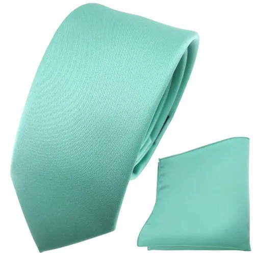 TigerTie - schmale Satin Krawatte + Einstecktuch in grün mint Uni - Schlips Binder