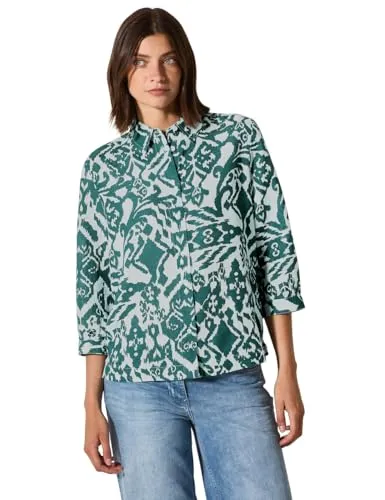 Cecil Damen B345364 Bluse, Green Lagoon, M - Damenbluse mit grafischem Muster, ideal für den Sommer. Angenehmer Leinenmix, 3/4-Arm und seitliche Schlitze sorgen für einen lässigen Look.