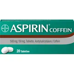 Aspirin Coffein 20 ST - Schmerzmittel mit Coffein - Praktische 20 Tabletten für schnelle Linderung von leichten bis mäßig starken Schmerzen. Ideal bei Kopfschmerzen und Zahnweh, unterstützt durch die belebende Wirkung von Coffein.