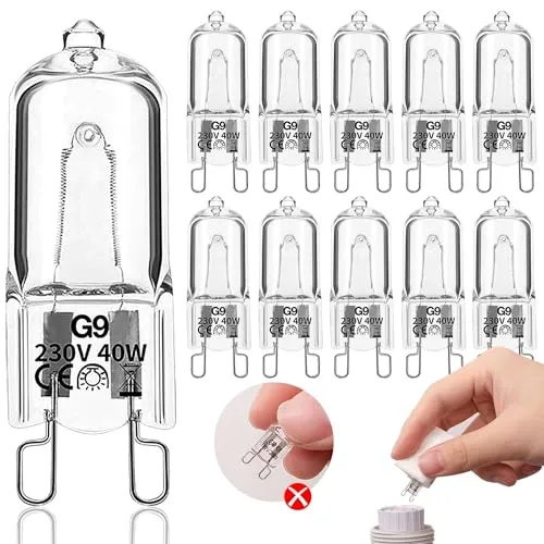 Leuchtmittel G9 Halogenlampe, 10 Stück, dimmbar - Halogenlampen für vielseitige Anwendungen: 10 dimmbare G9-Birnen mit 40W, 480lm und 2900K warmweißem Licht. Ideal für Backöfen, Decken- und Wandlampen, mit einer Lebensdauer von über 2000 Stunden.