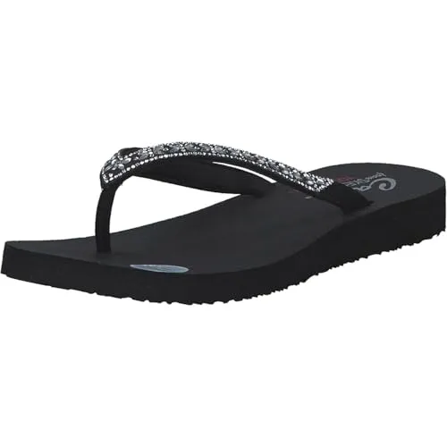 Skechers Meditation Butterfly Garden Damen Zehentrenner Schwarz - Modische Pantoletten mit veganem Obermaterial, komfortablem Yoga Foam Fußbett und elegantem Strasssteinbesatz für höchsten Tragekomfort an warmen Sommertagen.