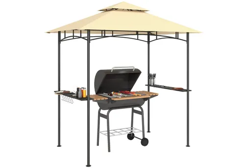 Outsunny Grillpavillon mit LED 240 x 150 cm - Robuster Gartenpavillon mit doppelschichtigem Vordach für optimale Luftzirkulation und Flammhemmung, inklusive praktischer Seitenregale und flexibler LED-Beleuchtung für unvergessliche BBQ-Partys.