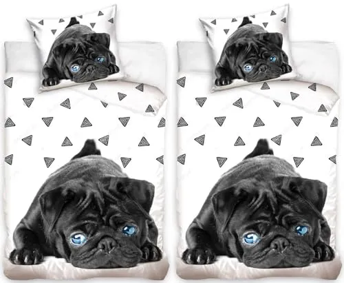Carbotex Bettwäsche Mops Welpe - 2-teiliges Partner-Bettwäsche-Set 135x200 - Bettwäsche-Sets mit niedlichem Hunde-Design aus 100% Baumwolle für besten Schlafkomfort. Ideal für Hundeliebhaber und als Geschenk für Groß und Klein.