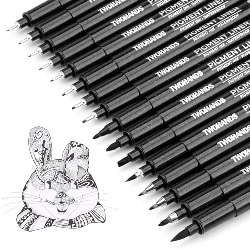 TWOHANDS Schwarz Fineliner Stifte, Kalligraphie Stifte Set, Pigment Liner Set, Markers, Wasserfest, Schwarze Filzstiften für Künstler, Illustration, Skizzen, Technisches Zeichnen, 16 Stück, 21274