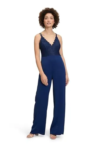 Vera Mont Damen Jumpsuit mit Spitze Festival Blue, 34 - Jumpsuit für Damen, tailliert mit V-Ausschnitt und eleganter Spitzenverzierung – perfekt für festliche Anlässe und besondere Events.