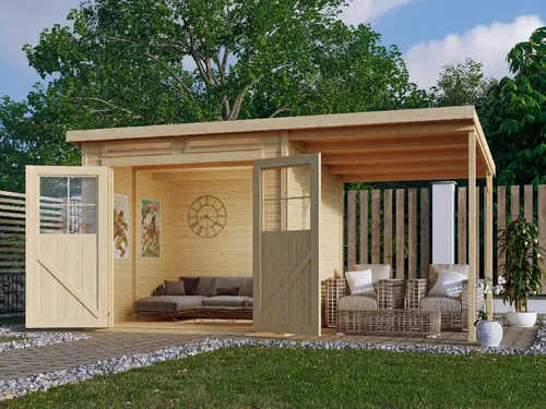 Gartenhaus Schuppen Glücksberg mit Anbaudach aus Holz - Robustes Gartenhaus mit Pultdach und Anbau, ideal für die Aufbewahrung von Gartengeräten. Mit bruchsicherem Kunstglas und natürlicher Holzoptik.