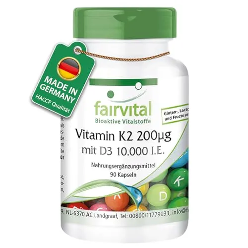 Vitamin K2 200 µg mit D3 10.000 IE Depot - 90 Kapseln | hochdosiert | fairvital - Nahrungsergänzungsmittel für Knochengesundheit und Immunsystem, hochdosiert mit Vitamin K2 und D3, ideal für das allgemeine Wohlbefinden.