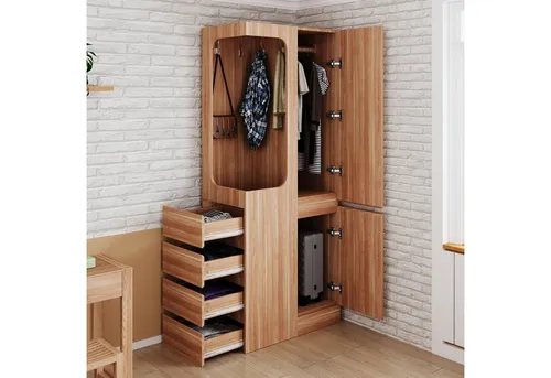 Odikalo Kleiderschrank Eckkleiderschrank mit Schubladen (Kleiderschrank 70 x 40 x 170 cm, mit Schubladen und Staufächern, offenem Kleiderbereich, eintürig, Holzfarbe / Weiß)