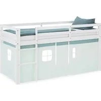 Homestyle4u Hochbett 90x200 mit Vorhang in Weiß und Mint - Kinderbett aus massivem Kiefernholz mit abgerundetem Design und Rausfallschutz, ideal für sicheres Schlafen und Spielen.