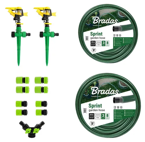 Gartenbewässerungsset 1/2 Zoll mit Sprinklern und Schläuchen - Perfekt für die effiziente Bewässerung Ihres Gartens! Das Set umfasst Sprinkler, Schläuche und einen 2-Wege-Verteiler für eine bedarfsgerechte Wasserversorgung. Einfaches Stecksystem für schnellen Anschluss.