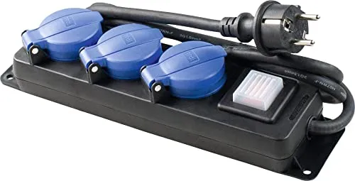 as - Schwabe 3-fach Verteilersteckdosenleiste mit Schalter, Schutzkontaktsteckdosen mit Klappdeckeln, 1,5 m Leitung, Mehrfachsteckdose für den Außenbereich 230V, 16A, IP44, Schwarz, Blau, 38630