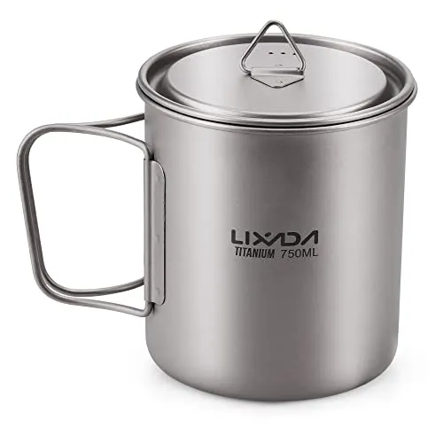 Lixada Ultralight Titanium Tragbarer Wasserbecher aus Titan mit Deckel und Griff, zusammenklappbar, für Outdoor-Camping, Kochen, Picknick