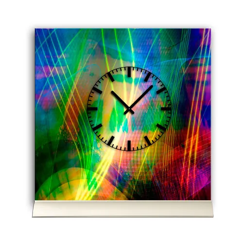 Tischuhr 30cmx30cm inkl. Alu-Ständer- abstraktes Design bunt geräuschloses Quarz