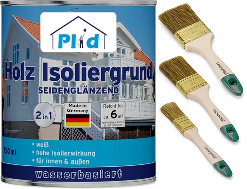 Holz Isoliergrund 0,75l Weiß + Pinselset - Hochdeckende Grundierung für Holz, schnelltrocknend und abwischbar. Ideal für alle Zimmer, inklusive Pinselset für eine einfache Anwendung.