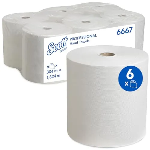 Handtuchrollen Kimberly Clark Scott Control weiß 1-lagig 20 cm x 304 m - Handtuchrollen aus reißfestem Airflex Material, ideal für stark frequentierte Waschräume und die Arbeit mit Lebensmitteln. Lieferung: 6 Rollen, insgesamt 1824 m.