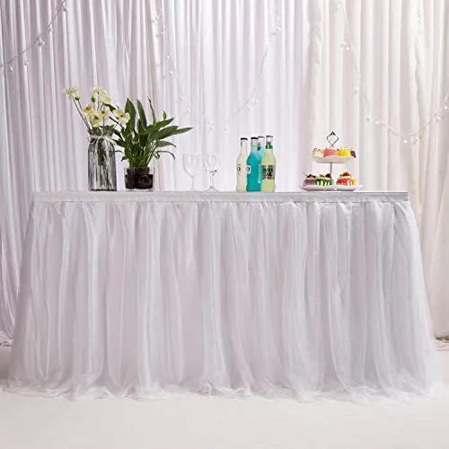 Produktbild 14ft / 426cm Weiß Tischrock, romantische Tüll Schreibtisch Gaze, Tischdekoration, Schneeflocke Wonderland Tutu Tischdecke, für Babyparty,Hochzeit,Geburtstag,Party,Bar,Valentinstag Weihnachten