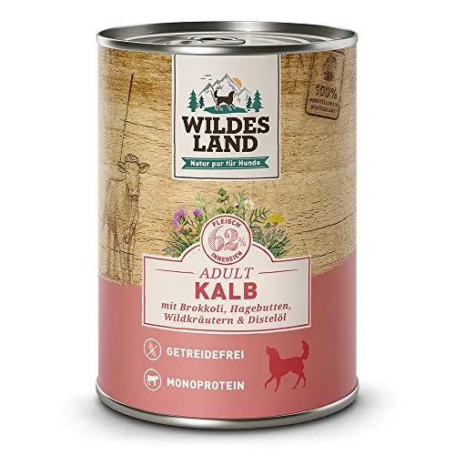 Wildes Land - Nassfutter für Hunde - Kalb - 6 x 400 g - mit Brokkoli, Karotten, Hagebutte, Wildkräutern & Distelöl - Glutenfrei - Extra viel Fleisch - Beste Akzeptanz und Verträglichkeit
