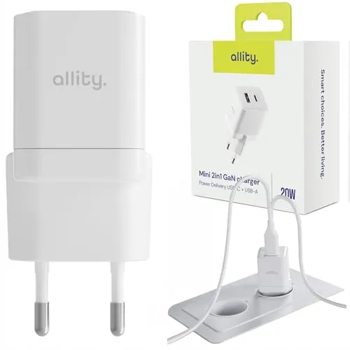 Allity Mini GaN Ladegerät 20W USB-C & USB-A - Schnellladegerät, Kompakter Netzadapter mit Power Delivery & Quick Charge, Weiß, Universelles Ladegerät für iPhone, Samsung, Huawei, Tablet & mehr