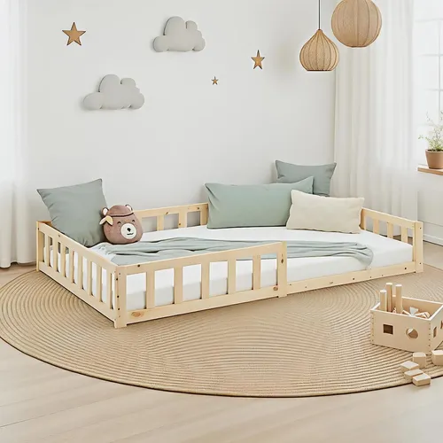 Homestyle4u 2839 Kinderbett Natur mit Rausfallschutz 120x200 cm - Hochwertiges Kinderbett aus naturbelassenem Kiefernholz mit Rausfallschutz, ideal für ein sicheres und gemütliches Schlafumfeld im Kinderzimmer.