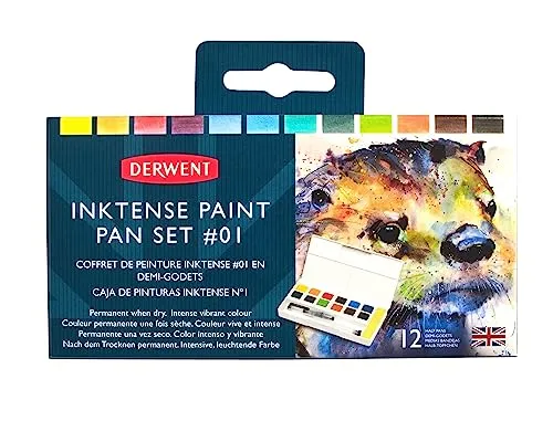Derwent Inktense 12 Farbtöpfchen #1, 12er Set, halbe Töpfchengröße, wasserlöslich, ideal zum Malen und Basteln auf Papier und Stoff, professionelle Qualität, Reisegröße (2302636)