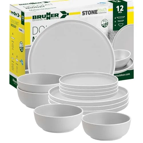 BRUNNER Melamin Geschirr-Set Camping | 12-teiliges Set für 2-4 Personen - Hochwertiges, kratzfestes Melamingeschirr für Camping, Picknick und Grillen. Stapelbar, hitze- und feuchtigkeitsbeständig. Inklusive 4 großen Tellern, 4 Desserttellern und 4 Schüsseln für jede Gelegenheit.