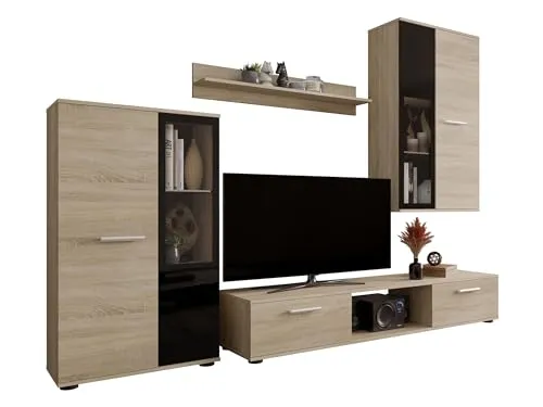 Mirjan24 Wohnwand Salsa, modernes Wohnzimmer Set - Elegante Wohnwand aus Sonoma Eiche, vereint Stil und Funktionalität mit Hängeschrank, Vitrine und TV Lowboard – ideal für dein modernes Zuhause.