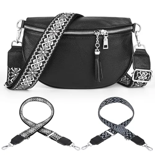 Gerbala Bauchtasche Damen Leder, Kleine Damen Umhängetaschen, Leder Handy Umhängetasche Echtes Crossbody Bag mit 2 Breitem Schultergurt Kartenhalter für Reisen Einkaufen Arbeiten (Schwarz)