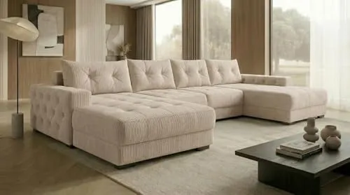 A&J MöbelLand Ecksofa Beige, 320x185 cm – Modernes Design für Ihr Wohnzimmer - Luxuriöses Ecksofa mit Schlaffunktion und geräumigem Bettkasten. Flexibel und funktional – ideal für entspannte Stunden und Übernachtungsgäste. Hochwertiger, pflegeleichter Stoff sorgt für eleganten Komfort.