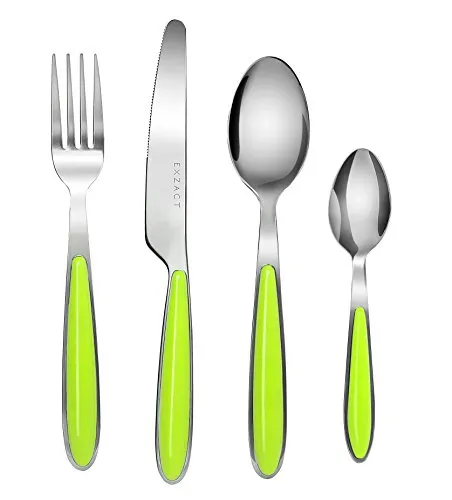 EXZACT Rostfrei Stahl Besteck Set einem Plastikhalter 16 PCS - Farbige Griffe - 4 Gabeln, 4 Messer, 4 Löffel, 4 Teelöffel - Grün (EX07 x 16)