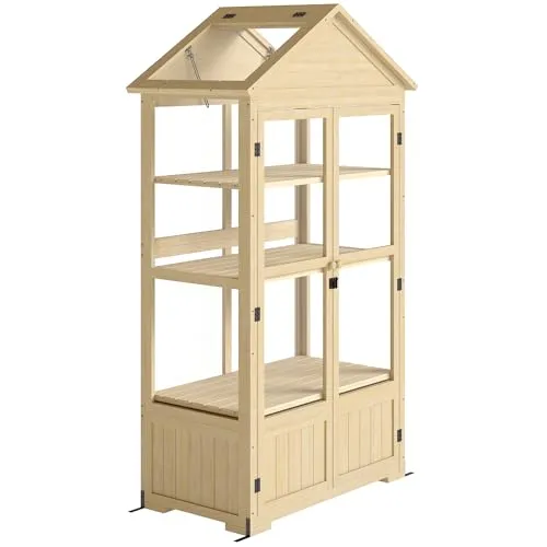 Outsunny Hochbeet - 100L x 56,5B x 178H cm - naturholz - Zubehör für Gewächshäuser, bietet optimale Belüftung durch verstellbare Dachfenster und flexible Pflanzmöglichkeiten dank verstellbarer Regale.