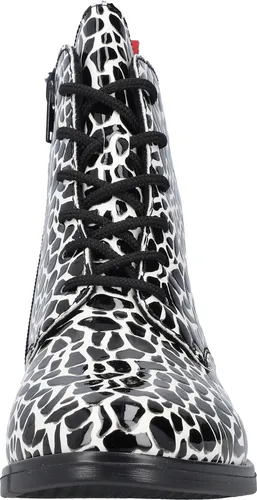 Rieker Damen Stiefelette Schnürboot 46221 in Schwarz - Wanderschuhe mit trendigem Animal-Print, komfortabler Schnürung und Reißverschluss für einfaches An- und Ausziehen. Ideal für kalte Tage dank rutschfester Sohle und weichem Textilfutter.
