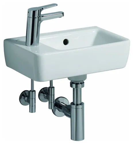Geberit Renova Compact Handwaschbecken 40 cm - asymmetrisch mit Hahnloch links - Badkeramik in elegantem Weiß, ausgestattet mit Überlauf und ideal für kleine Bäder oder Gäste-WCs.