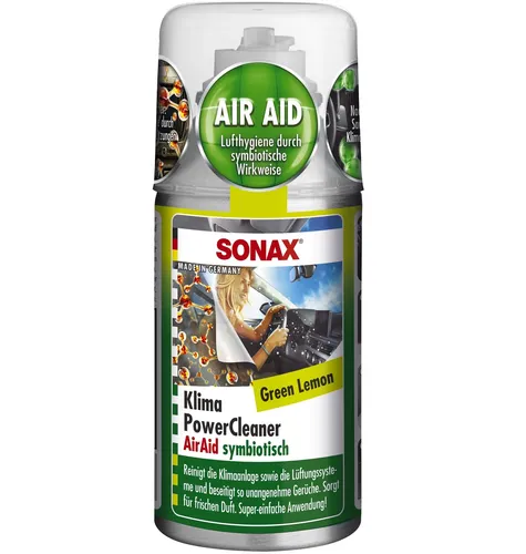 SONAX KlimaPowerCleaner AirAid Green Lemon 100 ml - Autopflege für eine frische Innenraumluft. Reinigt Klimaanlage und Lüftungssysteme schnell und einfach, entfernt Gerüche in nur 15 Minuten.