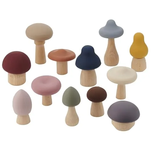 tickit SiliSoft Woodland Mushroom Set – 12 weiche Silikon- und Holzpilze für sensorisches Spiel, Motorik und fantasievolle Kleinweltabenteuer, Erde