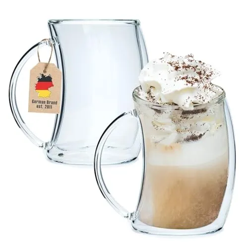 INTIRILIFE 2x Doppelwandiges Thermo Glas - gebogener Style - 200ml Füllmenge - Tassen Set 2 Stück - Schwebeeffekt, Mundgeblasen isoliert für Latte Macchiato, als Teeglas oder Kaffeeglas mit Henkel